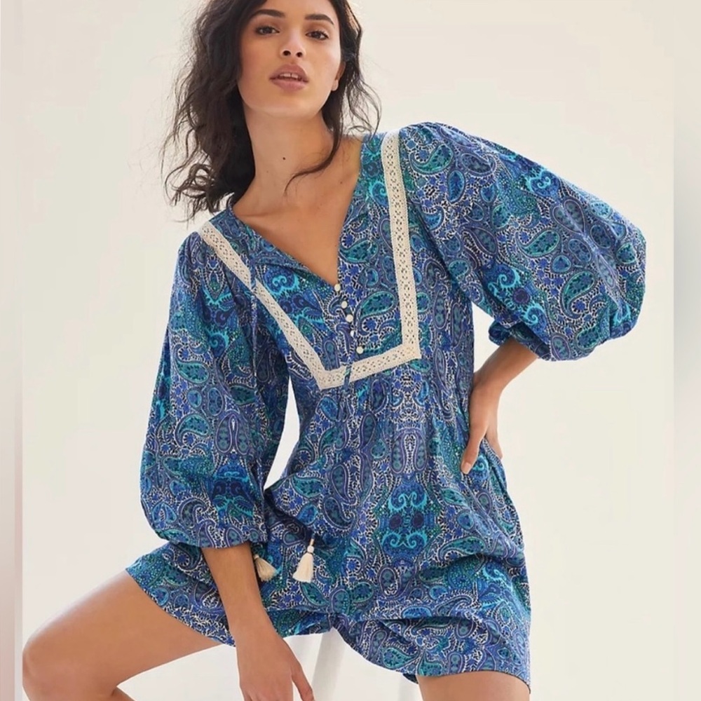 Anthropologie Blue Paisley Boho Romper Dress Size Small NEW